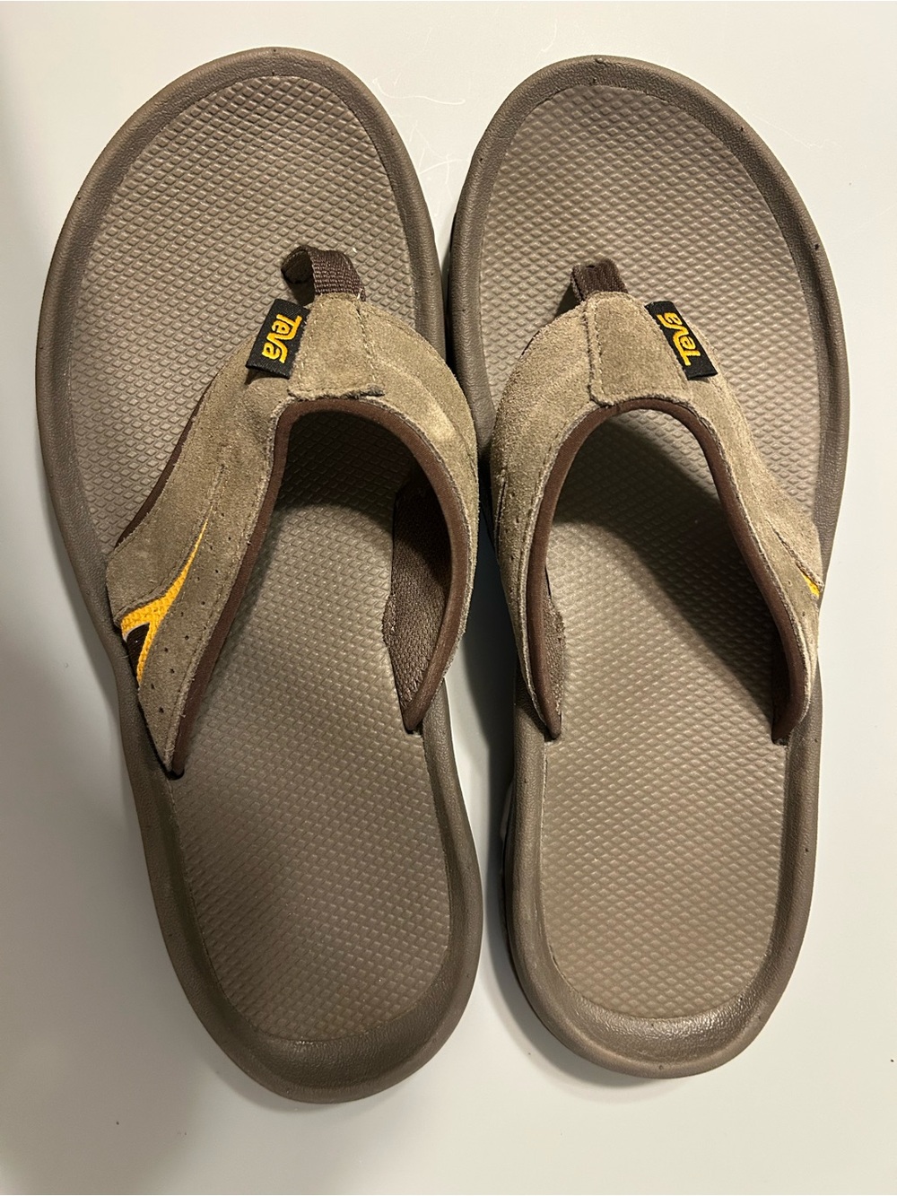 Teva Men’s Brown and Tan Suede Flip-Flops with Yellow Logo